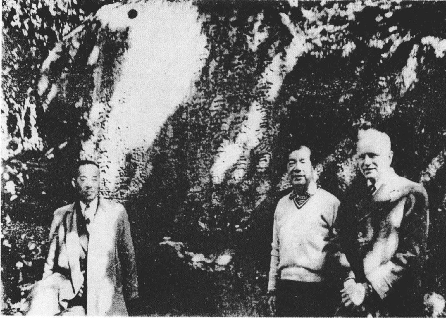 1958年饒宗頤、簡又文及林仰山（左而右）三位教授在嚴益彰鹹淳摩崖石刻合照。（圖片來源： 《九龍與宋季史料》）