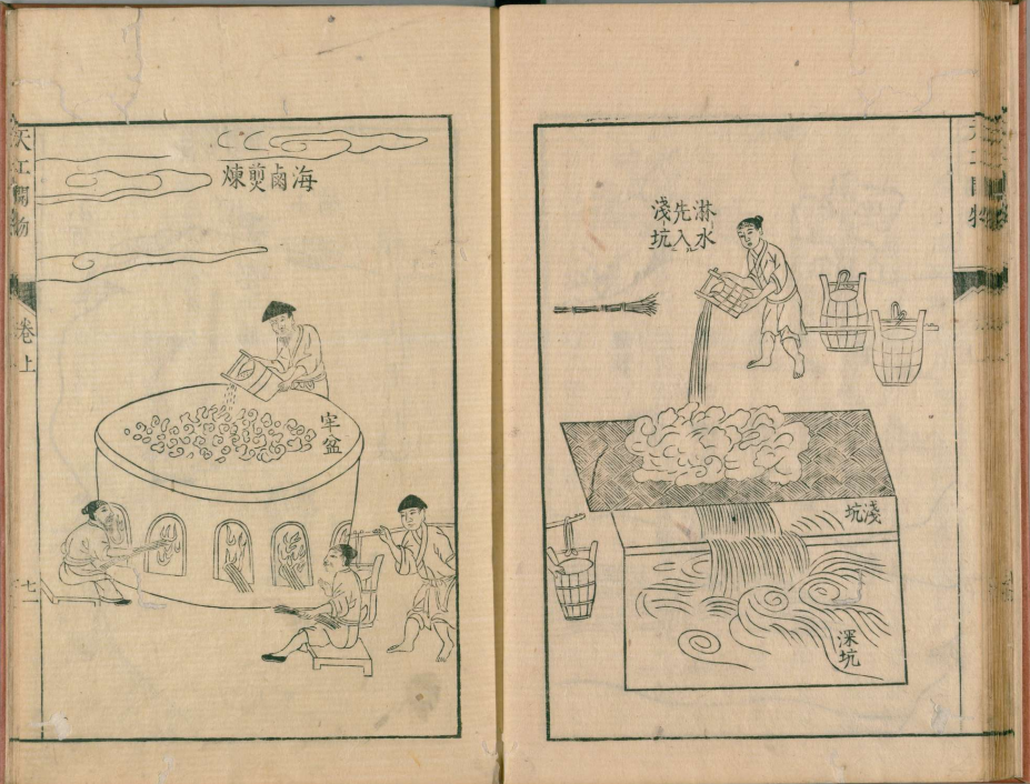 宋應星《天工開物》作鹹第五卷-海滷煎煉，為古時普遍的製鹽技術之一。