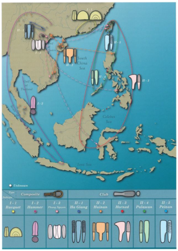 東南亞史前技術類型學石拍分佈圖。（圖片由作者提供）
