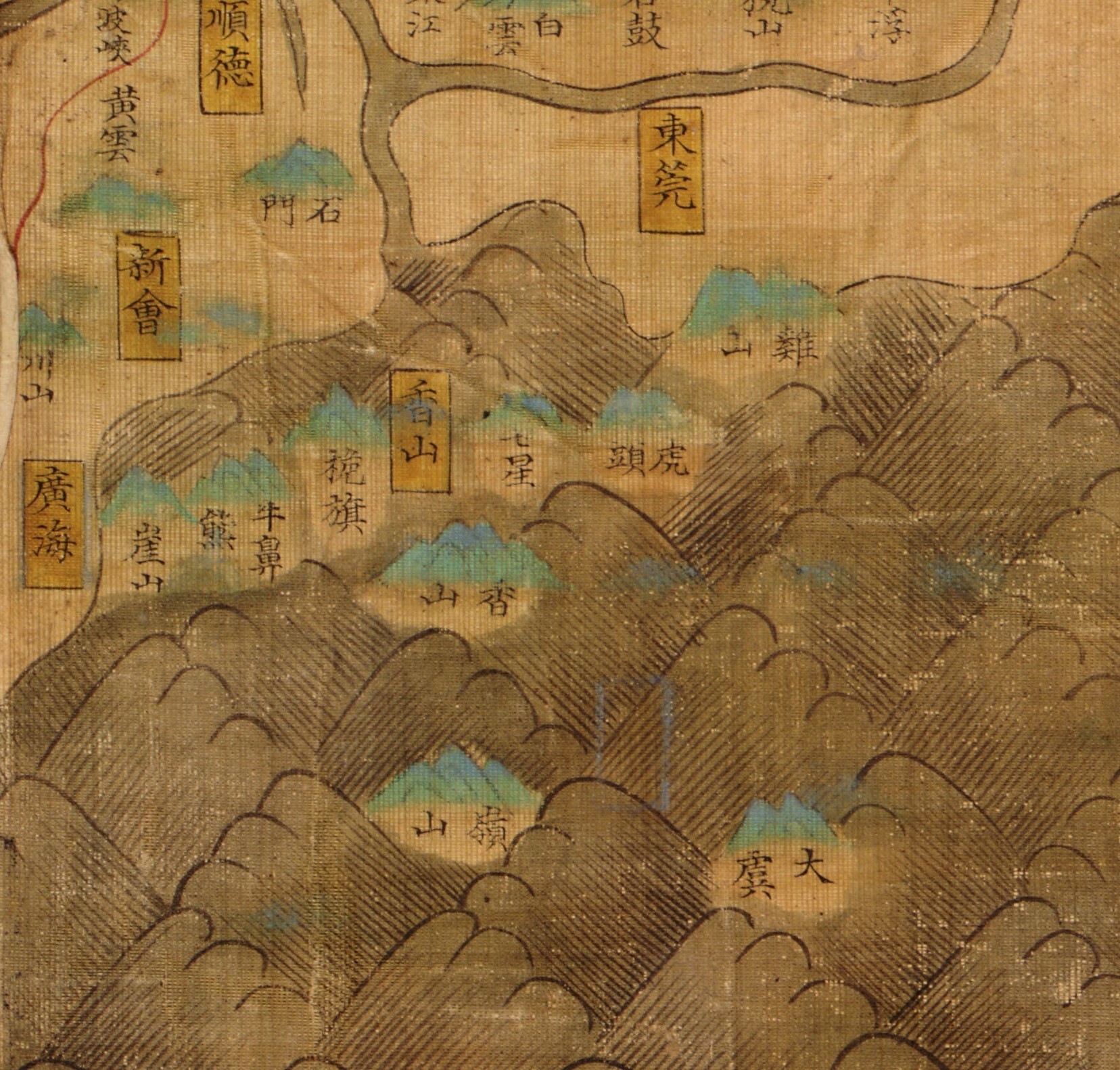明嘉靖二十四年至三十八年（1547–1559）《大明輿地圖·廣東輿圖》中，大嶼山就被標記為大虞，為唯一出現在該圖中的香港地區地名。（圖片來源：美國國會圖書館）