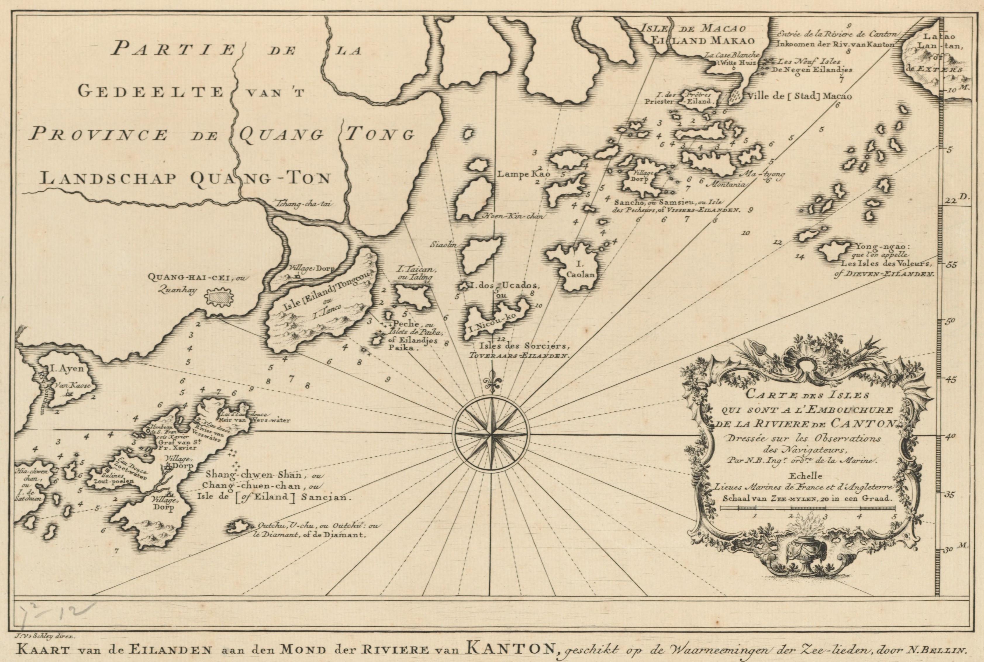 1749年（乾隆十四年）法國製圖師Jacques Nicolas Bellin繪製的《廣州河口島嶼地圖》，右上方標記的Lantao，即是大嶼山。大嶼山是香港地區中較早進入歐洲人視野的地方之一。哈佛大學圖書館藏