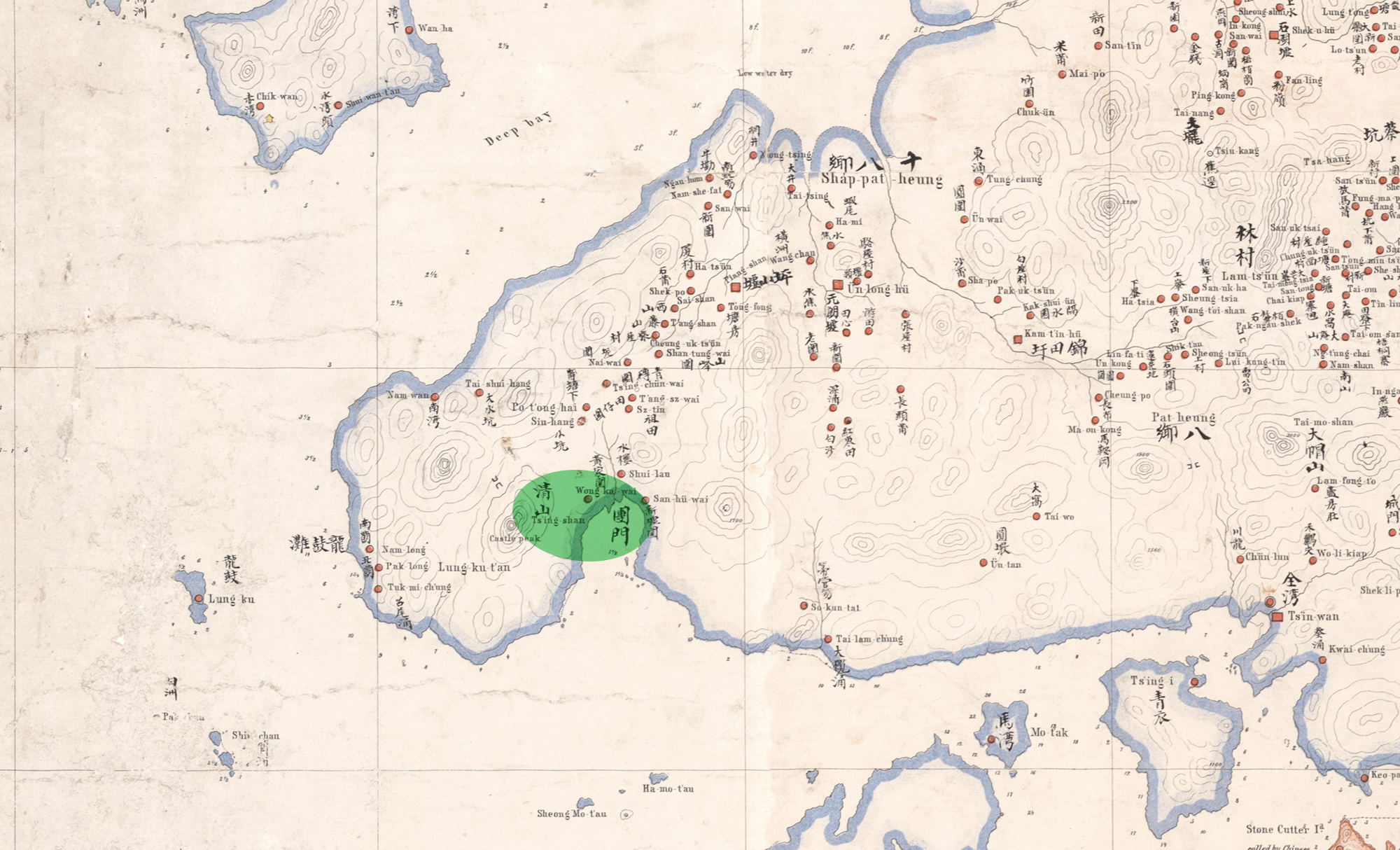 1866年的《新安縣全圖》中，屯門被標記為團門，而青山亦被標記為清山。