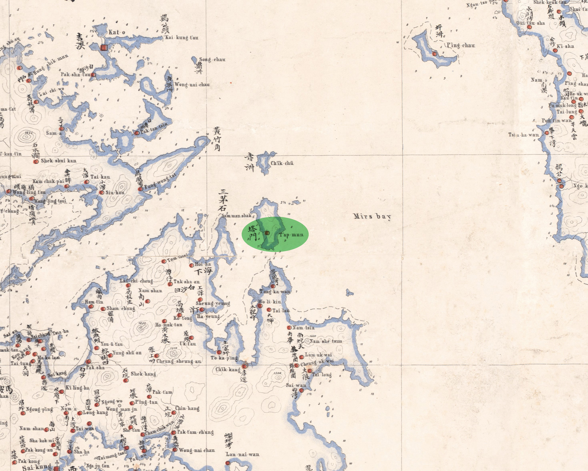 1866年的《新安縣全圖》，可見塔門位處赤門海峽峽口，為來往大步海船舶的必經之地。
