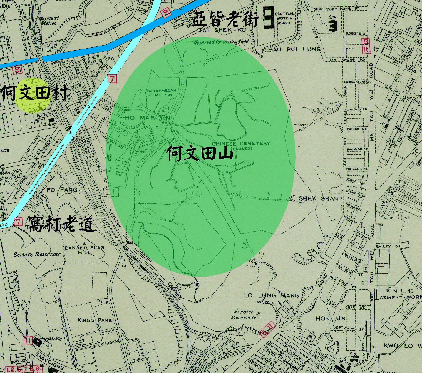 1947年的九龍半島地圖。可見當時何文田的概念已經由何文田村擴展至何文田山，但和老龍坑仍是兩個不同的地名。（圖片來源：地政總署測繪處）