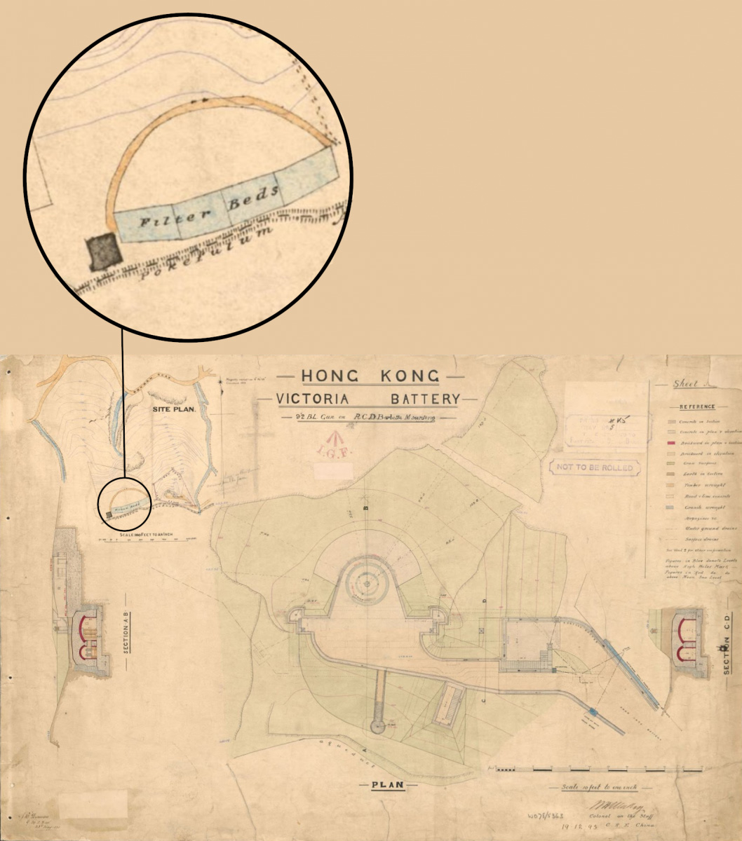根據英國國家檔案館的1891年地圖，可見到有四個長形濾水池，旁邊一棟黑色方形建築就是濾水池附屬平房。（圖片來源：龍虎山環境教育中心網站）