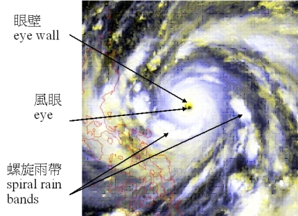 熱帶氣旋的雲系，可清楚見到颱風的三個區域。（圖片來源：香港天文台網頁）