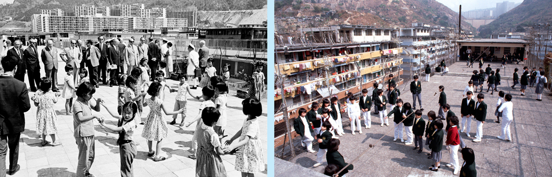 1963年李鄭屋邨的天台學校（左）；現已拆卸的佐敦谷邨，當年也建有天台學校。（圖片來源：香港房屋委員會）