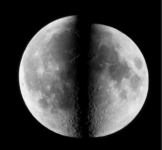 合成照片：左邊是月球在近地點時拍攝的影像，右邊是月球在遠地點時拍攝的影像。（圖片來源：天文台之友通訊《談天說地》第56期）